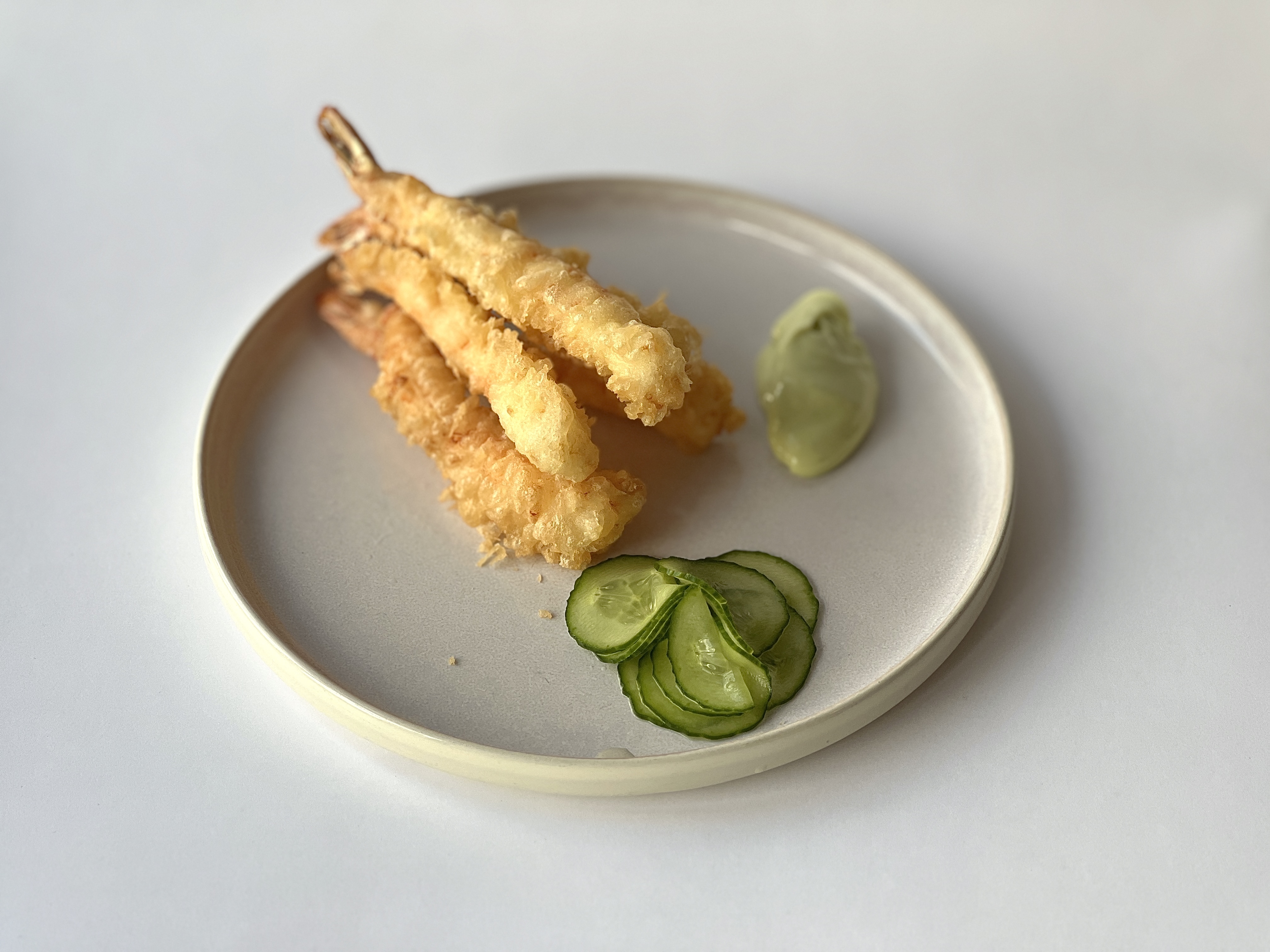 Tempura shrimp, sweet wasabi, ginger cucumber<br>